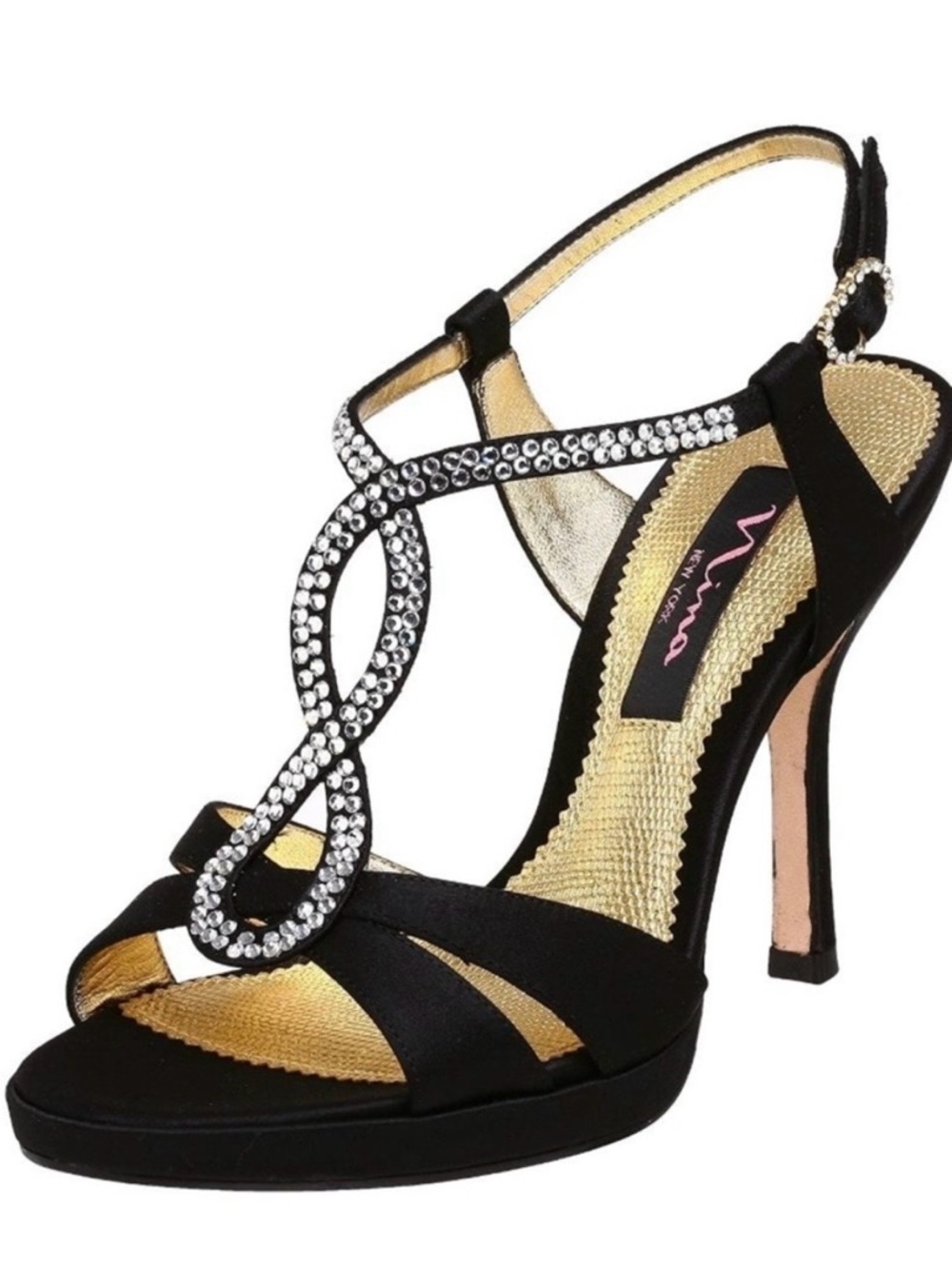 Nina Black Crystal Embellished T-Strap Heels